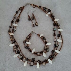 Amber Bronze & White Biscone Glass Beaded Three Strand Jewelry Set